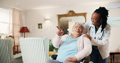 Buy stock photo Pointing, doctor and old woman in wheelchair for help, homecare and medical support with smile. Healthcare worker, retirement and happy person with disability, assisted living and show view at visit