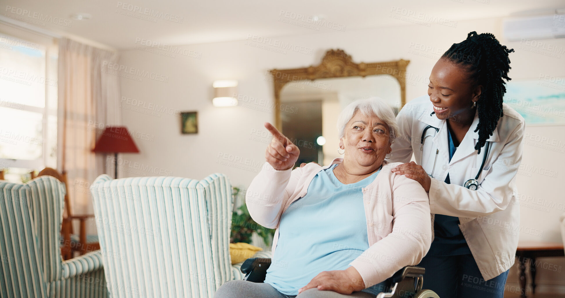 Buy stock photo Pointing, doctor and old woman in wheelchair for help, homecare and medical support with smile. Healthcare worker, retirement and happy person with disability, assisted living and show view at visit
