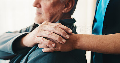 Buy stock photo Caregiver, hands and old man shoulder with support for retirement, healthcare and help in nursing home. Nurse, senior person and comfort with kindness, medical assistance and assurance for wellness.
