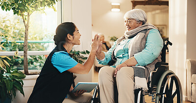 Buy stock photo Nurse, old woman and high five in wheelchair for support, wellness or tablet for medical evaluation. Smile, caregiver and person with disability, retirement and tech for checkup success in homecare