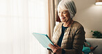 Ebook, reading and old woman in retirement home with tablet, online library or browse on storytelling site. Happy, space or senior person with tech, virtual scroll or content on literature platform.
