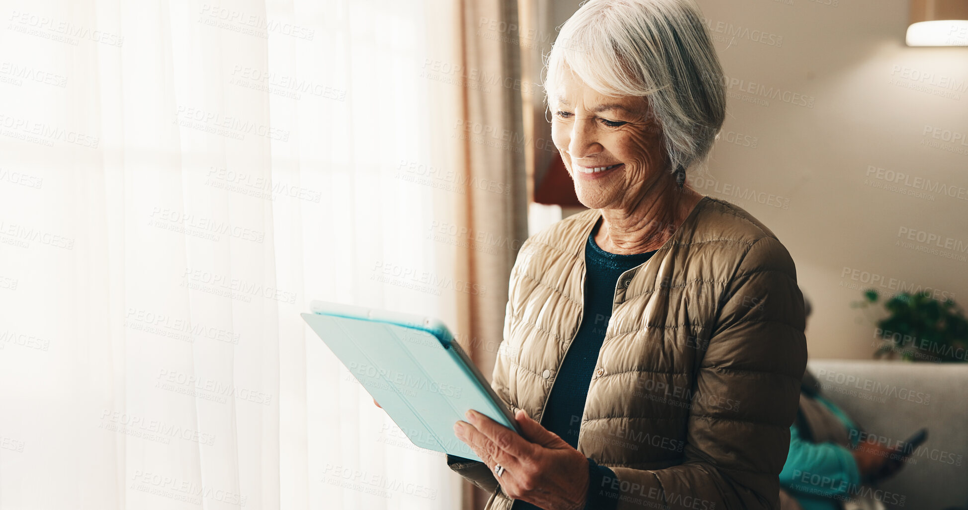 Buy stock photo Ebook, reading and old woman in retirement home with tablet, online library or browse on storytelling site. Happy, space or senior person with technology, virtual scroll or literature on web platform