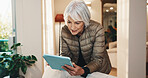 Ebook, tablet or senior woman in retirement home with reading, online library or browse on storytelling app. Happy, blog or elderly person with tech, virtual scroll or content on literature site.