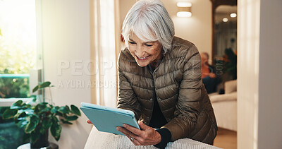 Buy stock photo Ebook, tablet or elderly woman in retirement home with smile, online library or browse on storytelling app. Happy, reading or old person with technology, virtual scroll or literature on web platform.