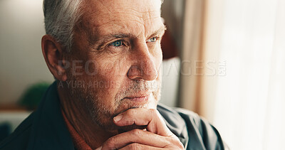 Buy stock photo Thinking, decision and senior man by window in home with memory, remember or planning retirement. Relax, pension and elderly person in living room with choice, reflection or nostalgia in house.