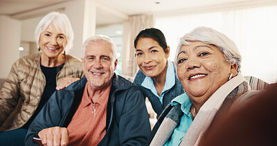 Buy stock photo Caregiver, home and selfie with old people, portrait and capture moment for social media. Happy carer, friends and picture in living room in retirement, photography and POV with memory in homecare