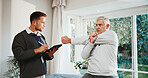 Physiotherapist, stretching and old man in clinic with tablet, evaluation or track recovery progress. Physical therapist, senior person and discussion with tech, rehabilitation or mobility assessment
