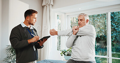 Buy stock photo Physiotherapist, stretching and old man in clinic with tablet, evaluation or track recovery progress. Physical therapist, senior person and discussion with tech, rehabilitation or mobility assessment