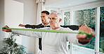 Physio, stretching and old man with resistance band, support and movement for healing injury in clinic. Senior person, physical therapy and worker with equipment, explain rehabilitation and exercise.