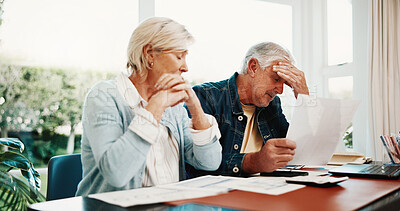 Buy stock photo Stress, documents and senior couple with finance report, bankruptcy concern and worry for debt. Retirement home, marriage and man with woman with paperwork, financial issue or payment fail for budget