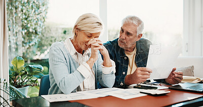Buy stock photo Stress, paperwork and senior couple with finance report, bankruptcy concern and worry for debt. Retirement home, marriage and man with woman with documents, financial issue or payment fail for budget