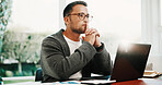 Remote work, man and thinking with laptop in home for source finding, audit accuracy and decision. Tech, freelance accountant and reflection in house for financial report, tax preparation and insight