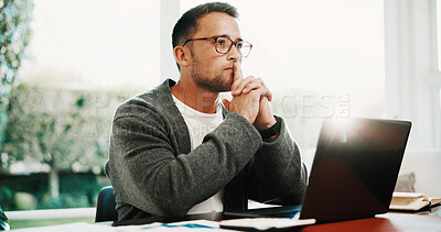 Buy stock photo Remote work, man and thinking with laptop in home for source finding, audit accuracy and decision. Tech, freelance accountant and reflection in house for financial report, tax preparation and insight