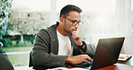 Freelancer, man and thinking with laptop in home for source finding, audit accuracy and decision. Remote work, accountant and reflection with tech for financial reporting, tax preparation and insight