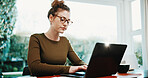 Remote work, woman and typing on laptop in home for news editing, grammar fixing and blog feedback. Freelancer, editor and tech in apartment for source research, submission comments and fact checking