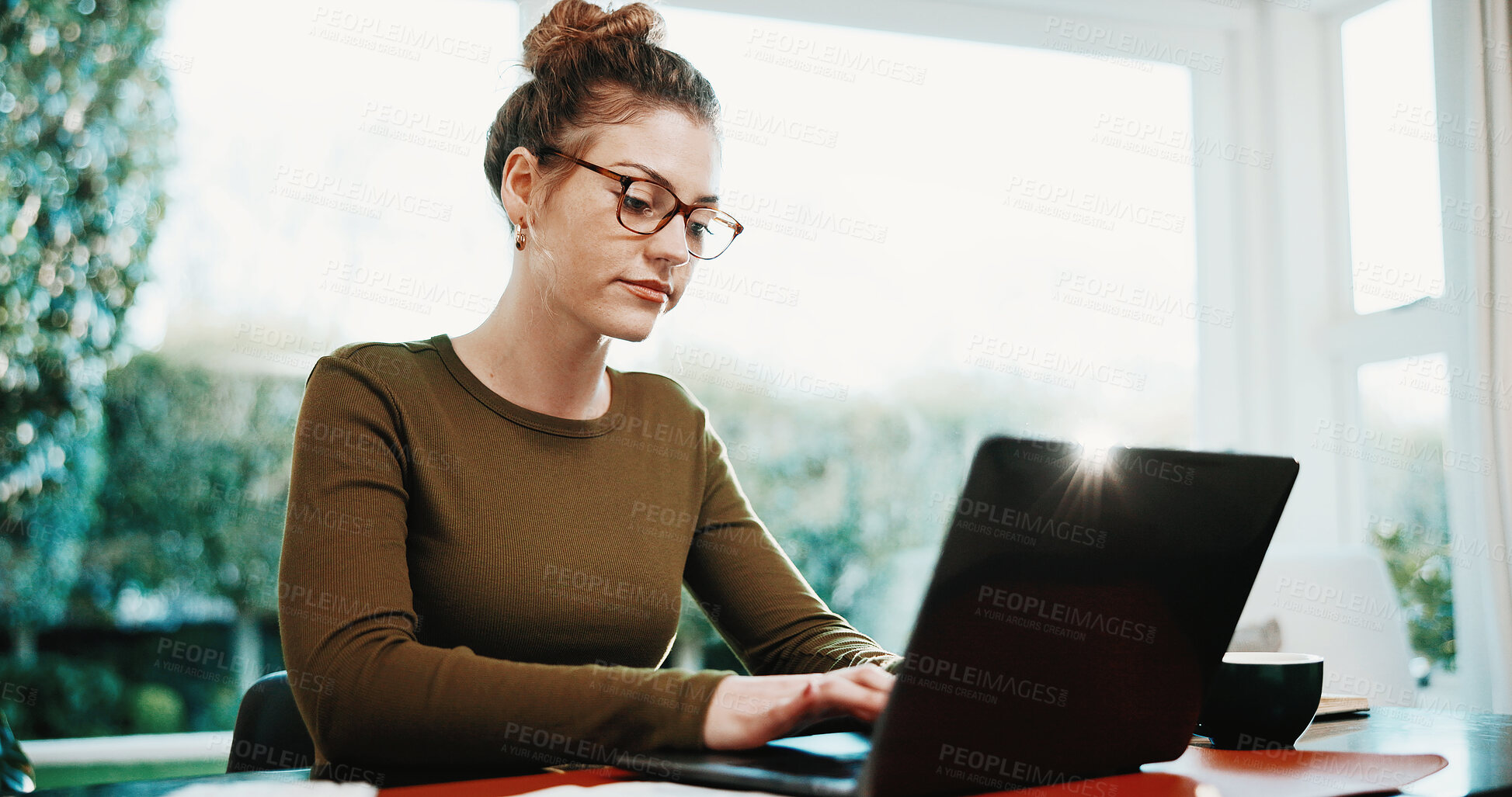 Buy stock photo Remote work, woman and typing on laptop in home for news editing, grammar fixing and blog feedback. Freelancer, editor and tech in apartment for source research, submission comments and fact checking
