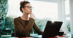Remote work, woman and thinking with laptop in home for news editing, story insight and accuracy. Tech, freelance editor or reflection at desk for headline ideas, submission fact checking or planning