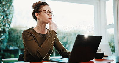 Buy stock photo Remote work, woman and thinking with laptop in home for news editing, story insight and accuracy. Tech, freelance editor or reflection at desk for headline ideas, submission fact checking or planning