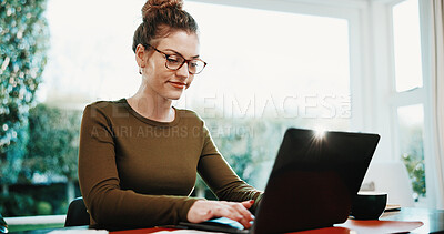 Buy stock photo Remote work, woman or typing on laptop in house for news editing, grammar fixing or source accuracy. Freelancer, editor or happy with tech for blog approval, submission comments or fact check article