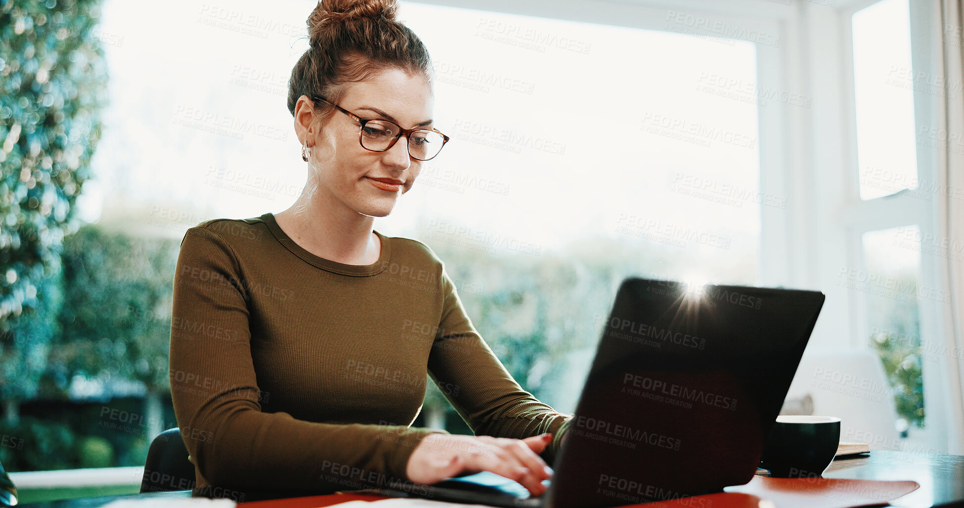 Buy stock photo Remote work, woman or typing on laptop in house for news editing, grammar fixing or source accuracy. Freelancer, editor or happy with tech for blog approval, submission comments or fact check article