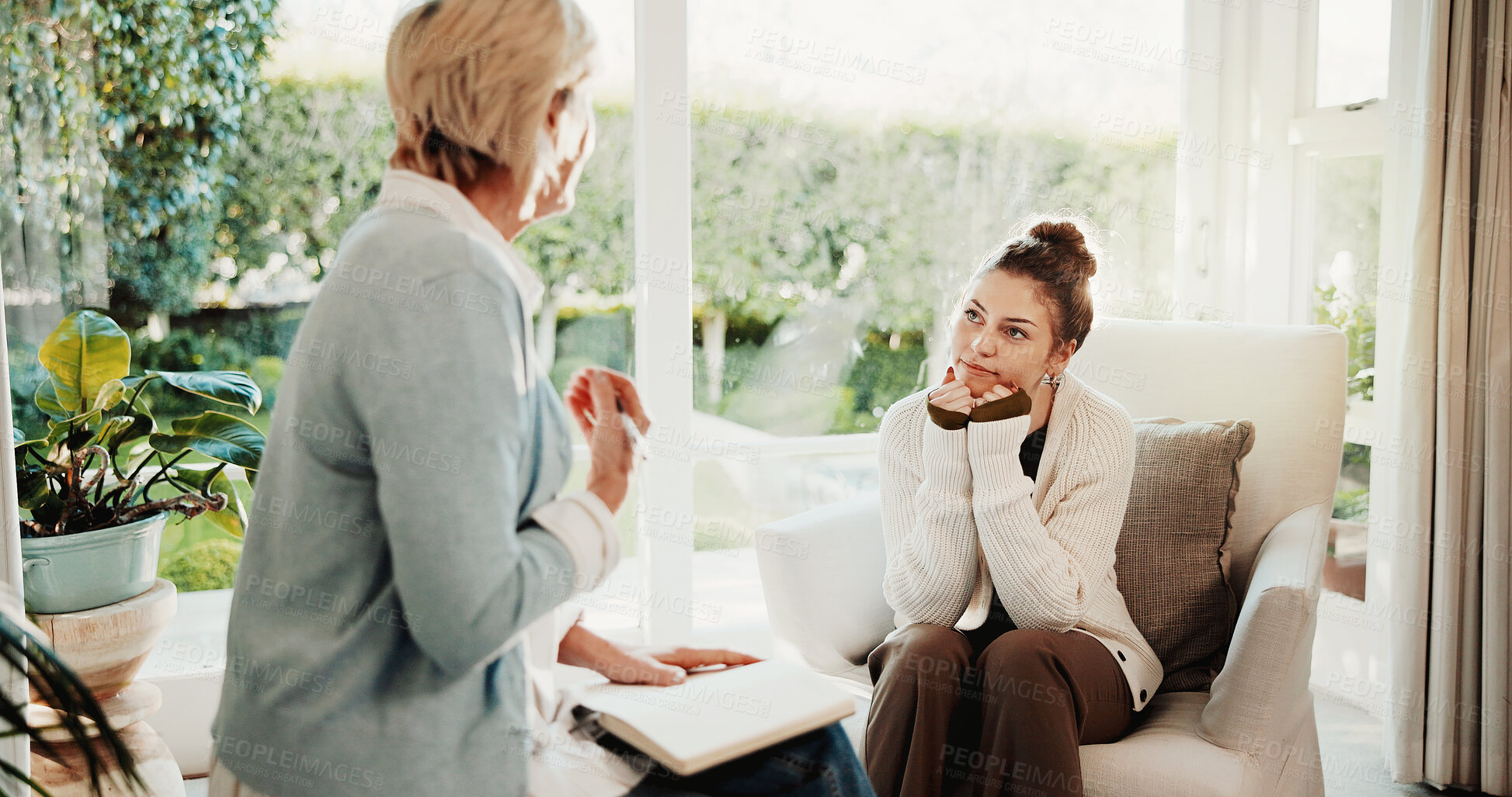 Buy stock photo Psychology, therapist and woman in consultation, listening or advice for mental health evaluation. Counseling session, patient and conversation with person for assessment, support and help in office