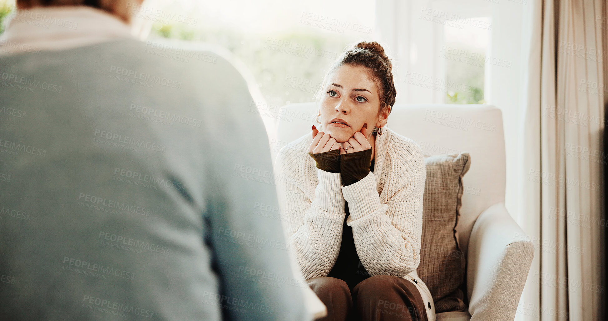Buy stock photo Counseling, psychologist and woman in consultation, listening or advice for mental health evaluation. Therapy session, patient and conversation with person for assessment, support and help in office