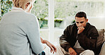 Psychology, therapist and man in consultation, thinking or stress for mental health evaluation. Counseling session, patient and person with thoughts for ptsd, anxiety assessment and help in office