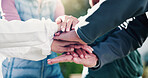 Fitness, trainer or senior people with handstack, outdoor bonding or motivation for exercise. Group, coach and elderly friends with gesture, workout together and encouragement in retirement activity.