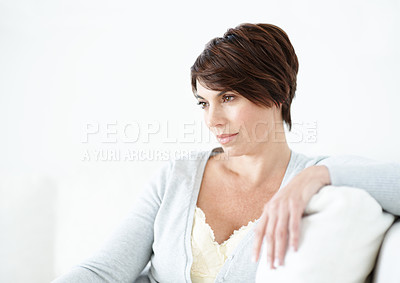 Buy stock photo Calm, rest or woman on sofa with thinking, mindfulness or good memory on weekend break. Reflection, space or person in home with positive mindset, nostalgia or peaceful perspective on day off.