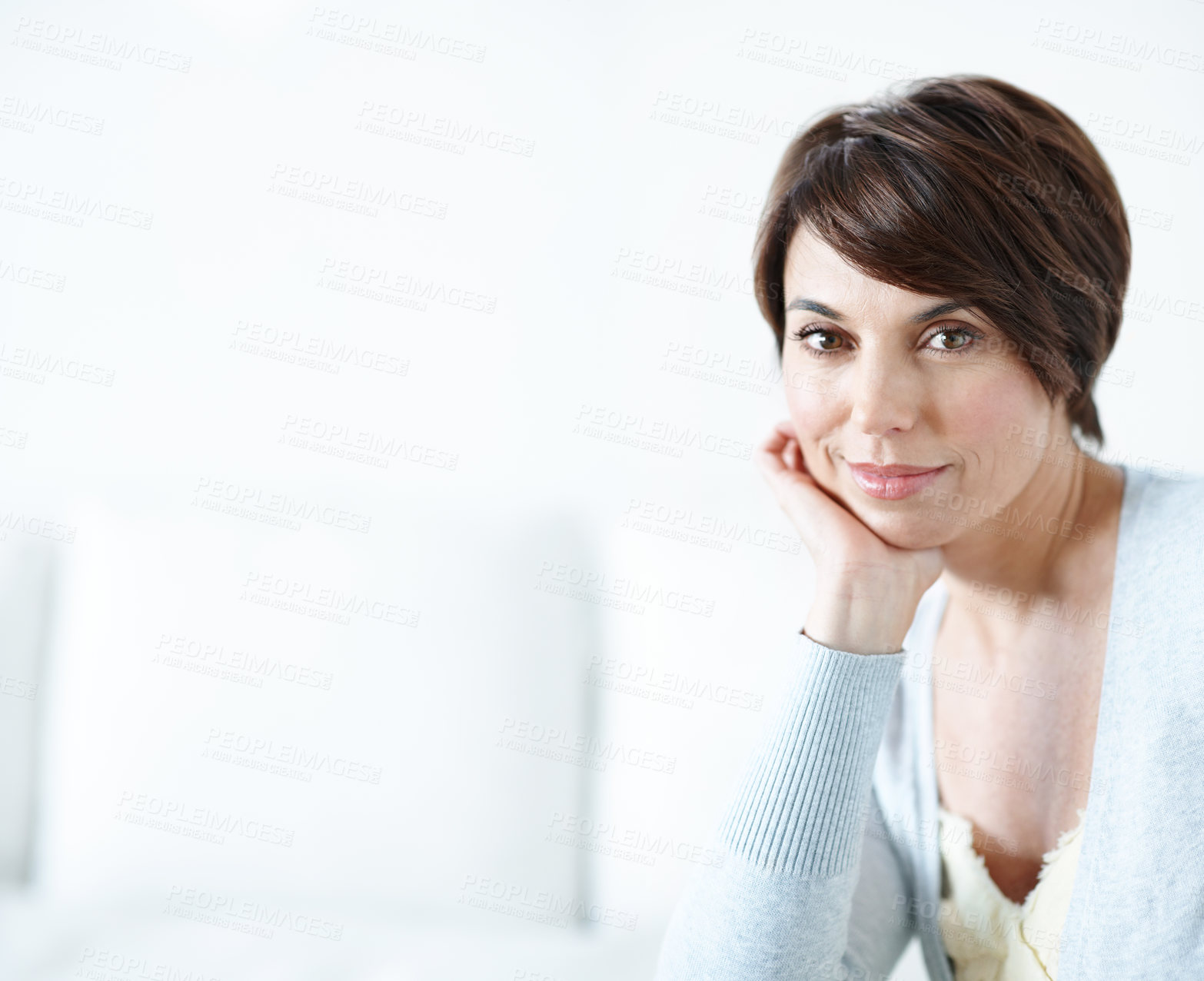 Buy stock photo Happy, woman and relax on couch with portrait, peace and comfortable for weekend break. Mockup space, person and rest in lounge for calm morning, positive attitude and chilling at house for wellness