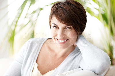 Buy stock photo Peace, portrait or happy woman in backyard with day off, good mood or rest satisfaction on weekend break. Unwind, smile or person on sofa with chill, positive wellbeing or calm moment at home.