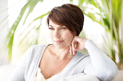 Buy stock photo Thinking, relax and woman at house with smile, vision and daydreaming for weekend break. Happy, female person or rest in lounge with reflection, perspective and calm morning for stress relief on sofa