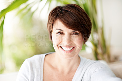 Buy stock photo Smile, teeth and woman with dental health, oral hygiene and shine with green dentistry in nature. Portrait, gum care and happy person outdoor with mouth wellness, eco friendly or organic orthodontics