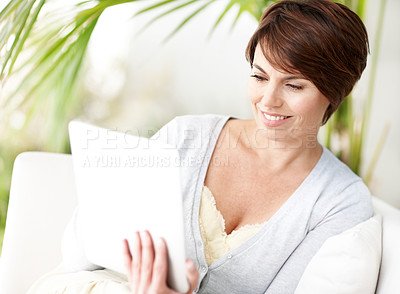 Buy stock photo Tablet, relax and woman at garden, smile and reading news on internet with newsletter update. Tech, backyard and happy person with blog, article information and social media post on break outdoor