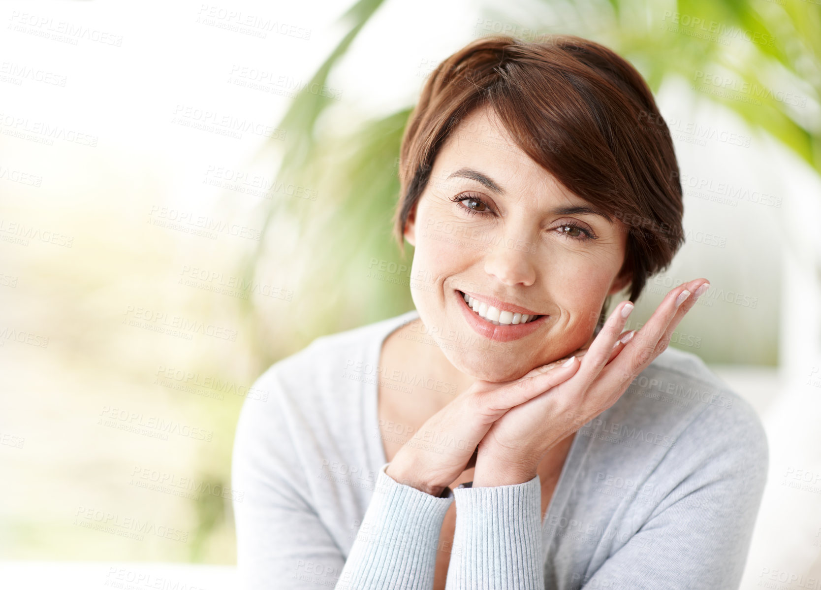 Buy stock photo Smile, teeth and woman with dental wellness, oral hygiene and space with green dentistry in nature. Portrait, gum care and happy person outdoor with mouth health, eco friendly or organic orthodontics