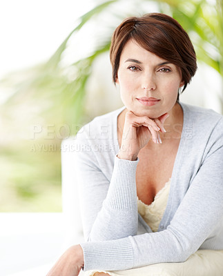 Buy stock photo Calm, portrait and woman in backyard for wellness, good mood or positive wellbeing on weekend break. Space, relax or female person outdoor with smile, day off satisfaction and peaceful moment at home