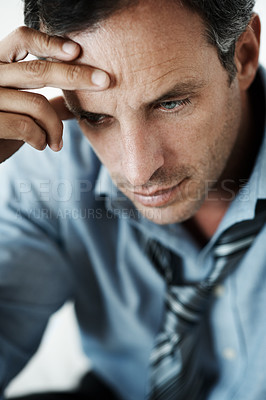 Buy stock photo Headache, stress and businessman in office with exhaustion, fatigue or mistake on legal case. Migraine, regret and attorney with frustration for error, anxiety or doubt on law project in workplace.