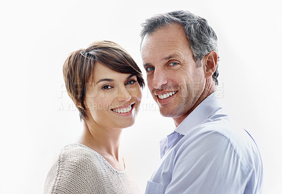 Buy stock photo Portrait, smile and couple relax with love, care and connection for bonding together. Happy, people or partner admiration with positive attitude, commitment and healthy relationship for stress relief