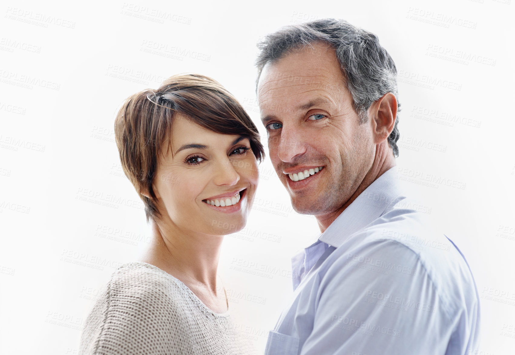 Buy stock photo Portrait, smile and couple relax with love, care and connection for bonding together. Happy, people or partner admiration with positive attitude, commitment and healthy relationship for stress relief