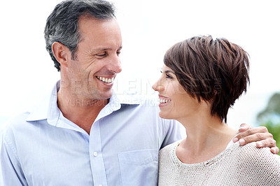 Buy stock photo Happy, couple and love in nature for travel, care and partner affection for bonding on holiday. Smile, people and embrace outdoor with mature man, commitment and healthy relationship on vacation trip