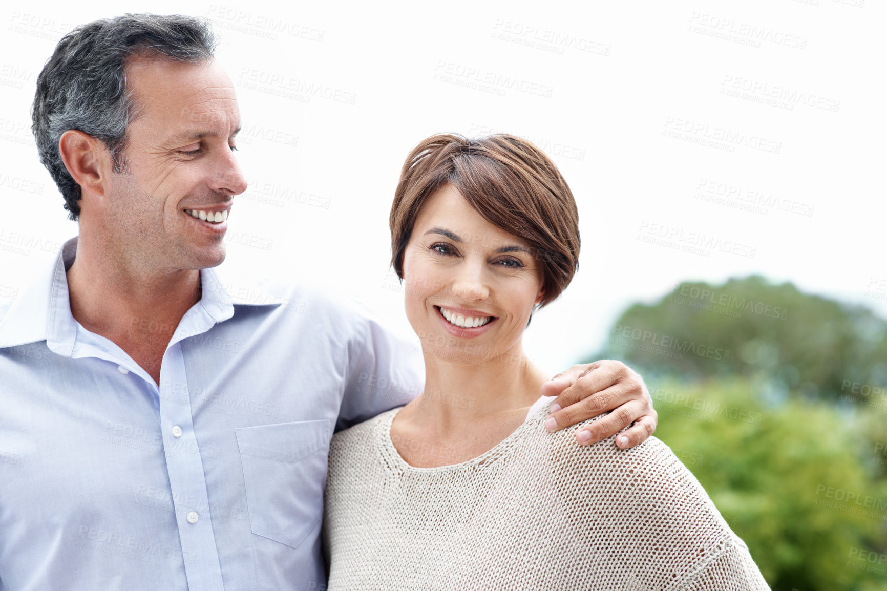 Buy stock photo Happy, couple and hug in nature for travel, love and partner affection for bonding on holiday. Portrait, mature man or embrace woman for admiration, romance and healthy relationship on vacation trip
