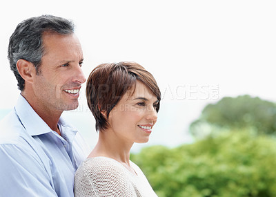 Buy stock photo Nature, hug and happy couple with love in park for outdoor bonding, romance or date together. Mature man, woman or smile with embrace, comfort or care for support, holiday or relationship on space