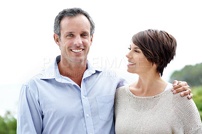 Buy stock photo Smile, couple and hug in nature for travel, love and partner affection for bonding on holiday. Portrait, mature man and woman embrace with admiration, commitment and healthy relationship on vacation