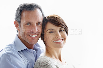 Buy stock photo Happy couple, portrait and bonding on break, loyalty or embrace with partner and marriage commitment. White background, mature man and woman with smile, space and connection with spouse in Canada