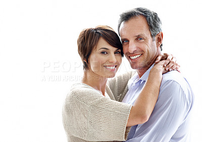 Buy stock photo Happy couple, portrait and support on break, hug or embrace with partner and relationship commitment. White background, mature man and woman with smile, space and connection with spouse in Canada