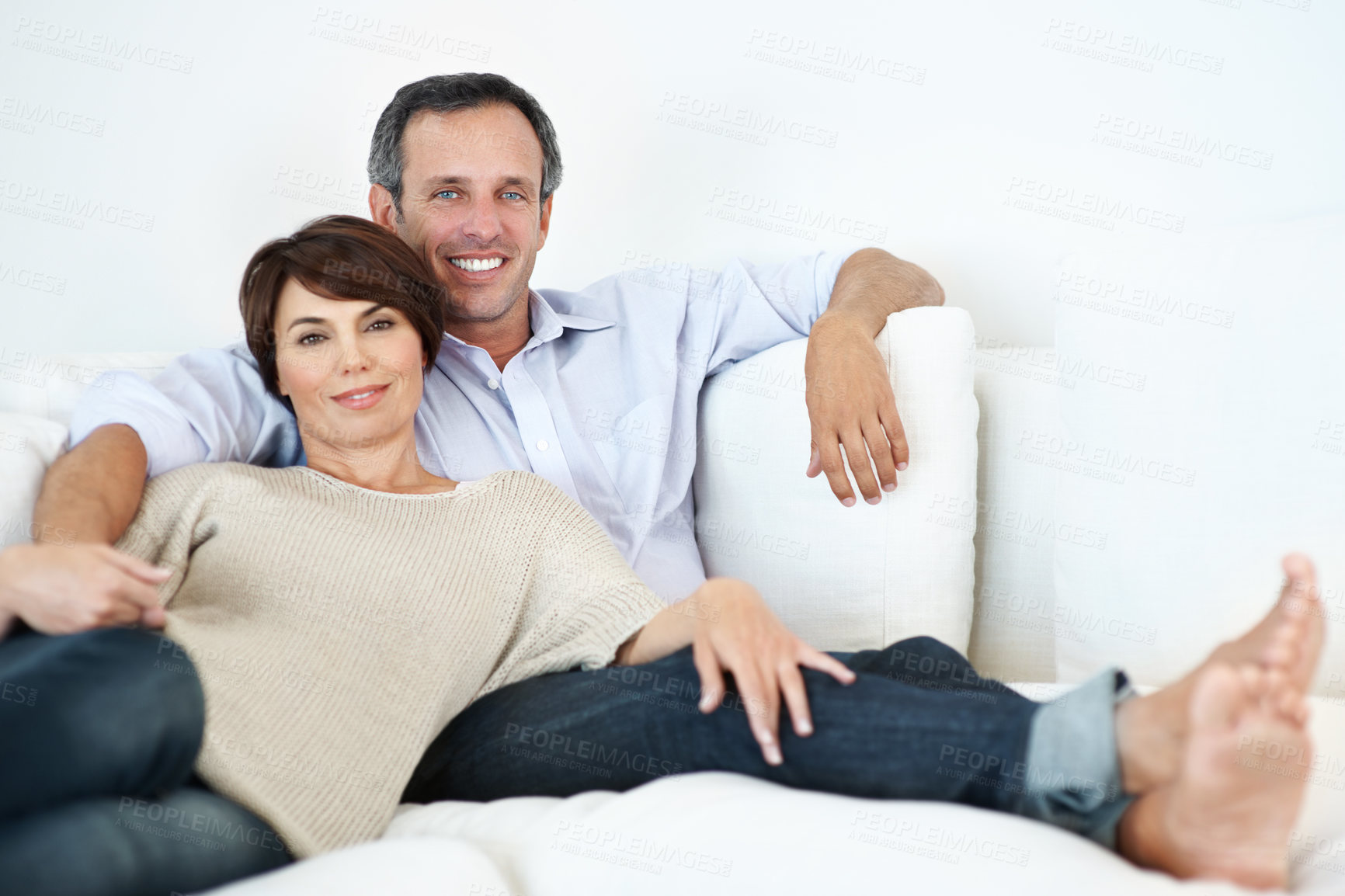 Buy stock photo Love, portrait or couple in bedroom with day off, bonding or cozy cuddle on weekend break. Support, mature man or woman in home with smile, relax together or peaceful moment in romantic connection.