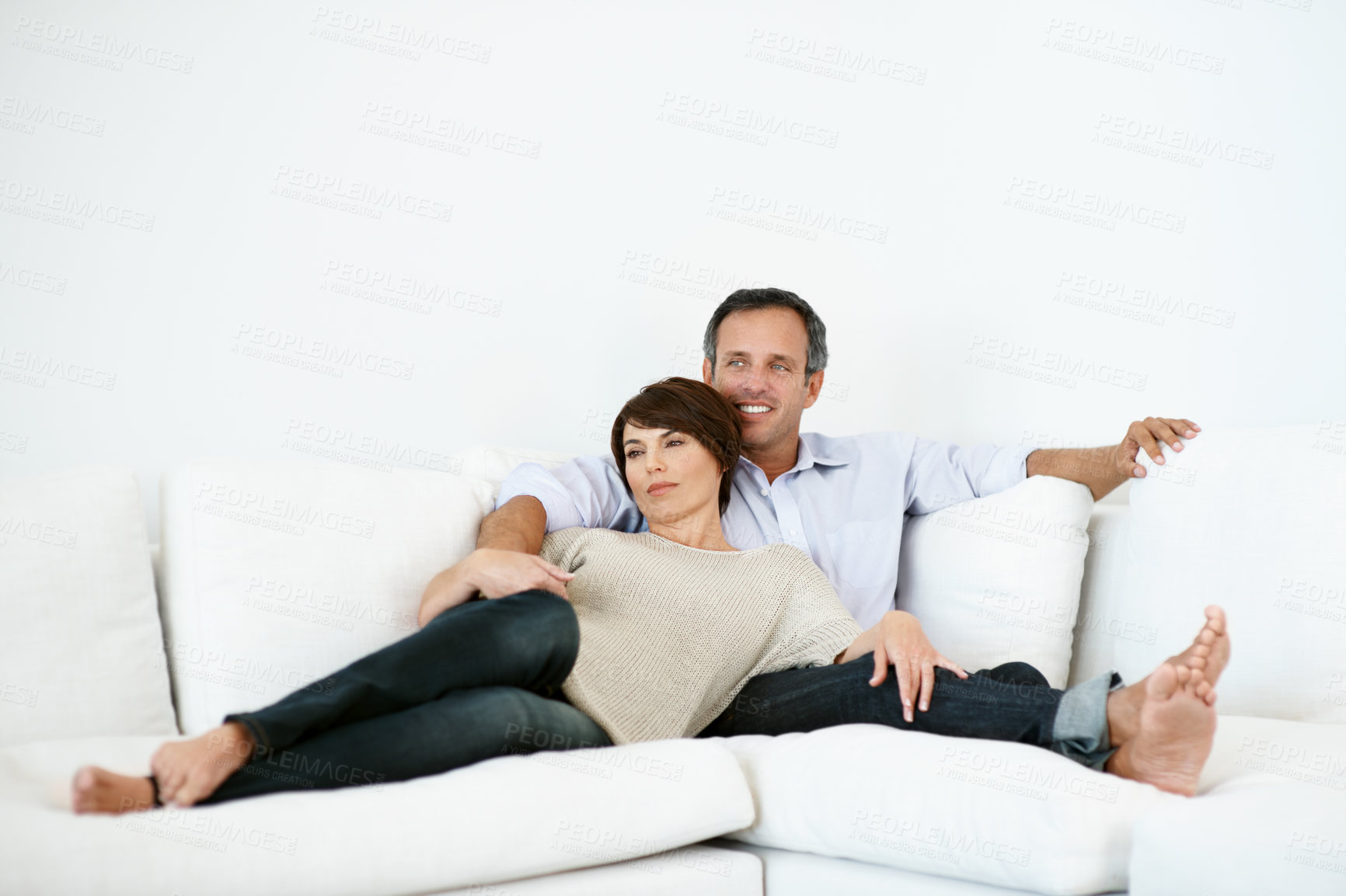 Buy stock photo Love, thinking or couple in home with day off, bonding or relationship reflection on weekend. Space, mature man or woman with smile, relax together or peaceful perspective in romantic connection.