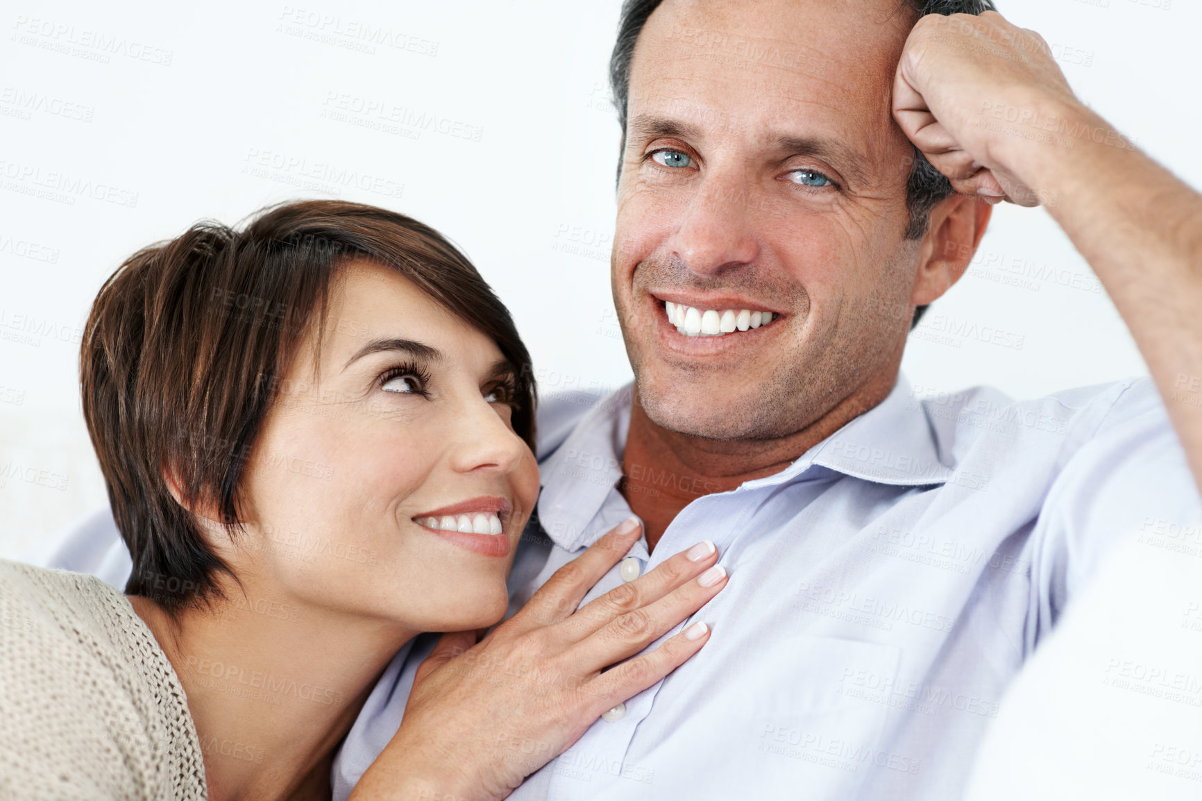 Buy stock photo Relax, smile or couple in home with love, partner care or bonding cuddle on weekend break. Portrait, mature man or woman in house with trust, unwind together or peaceful moment in romantic connection