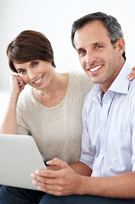 Buy stock photo Plan, portrait or couple in house with laptop, booking option or trip decision on travel site. Happy, mature man or woman in home with tech, vacation review or resort selection on tourism platform.