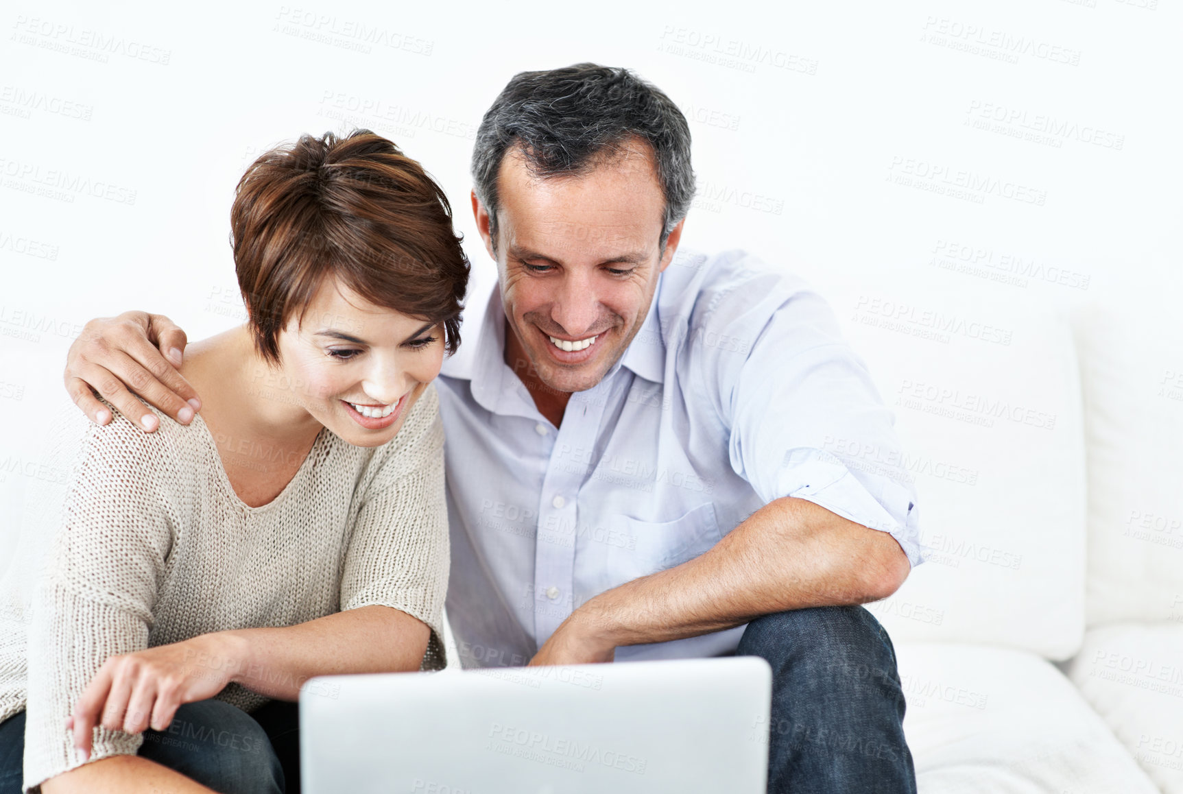 Buy stock photo Couple, laptop and happy with search on home sofa for online connection, browsing and internet. Man, woman and technology in house living room for streaming, subscription or planning on website